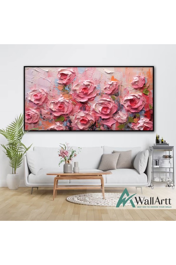 Abstract Pink Roses 3d Heavy Textured Partial Oil Painting
